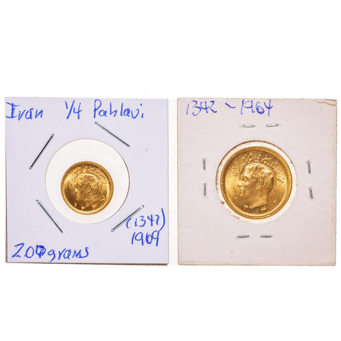 Iran Gold 1 Pahlavi & 1/4 Pahlavi: 1 Pahlavi (,2354 oz) 1964 (A H 1342) AU/Unc; 1/4 Pahlavi (.0589 Ozt) 1969 (A H 1347) AU. Both coins feature Muhammad Reza Pahlavi Shah on obverse and the Persian lion with sword on the reverse