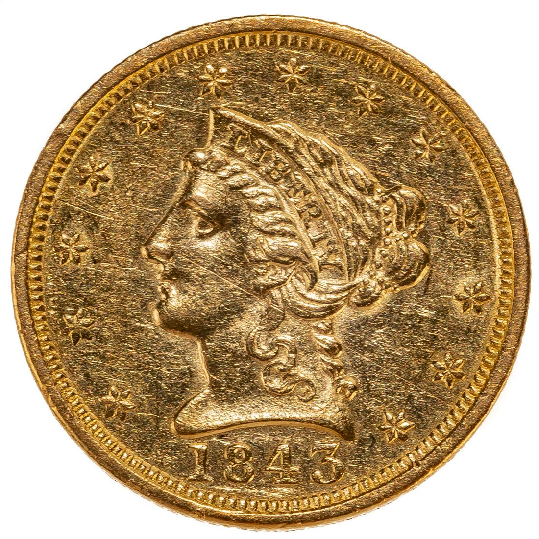1843 Gold Quarter Eagle AU Details, Cleaned & Scratched on Obverse (1 of 3)