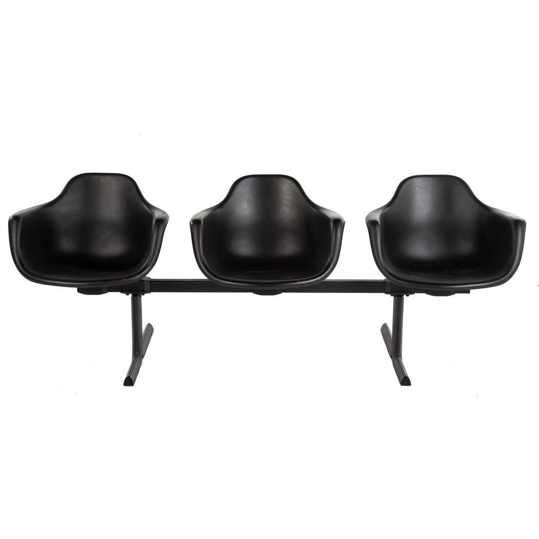 Krueger Terminal Three-Seat Section: 20th century; molded and shaped seats mounted to painted aluminum base, 30 in. H., 77 in. W., 22 in. D.