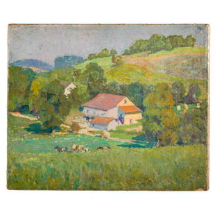 John Pierce Barnes. Landscape with Barn, oil: (American, 1895-1952). Oil on canvas, signed "John P. Barnes" on verso, with further identifying information and a "The Pennsylvania Academy of Fine Arts" label affixed on verso, "John P. Barnes Estat
