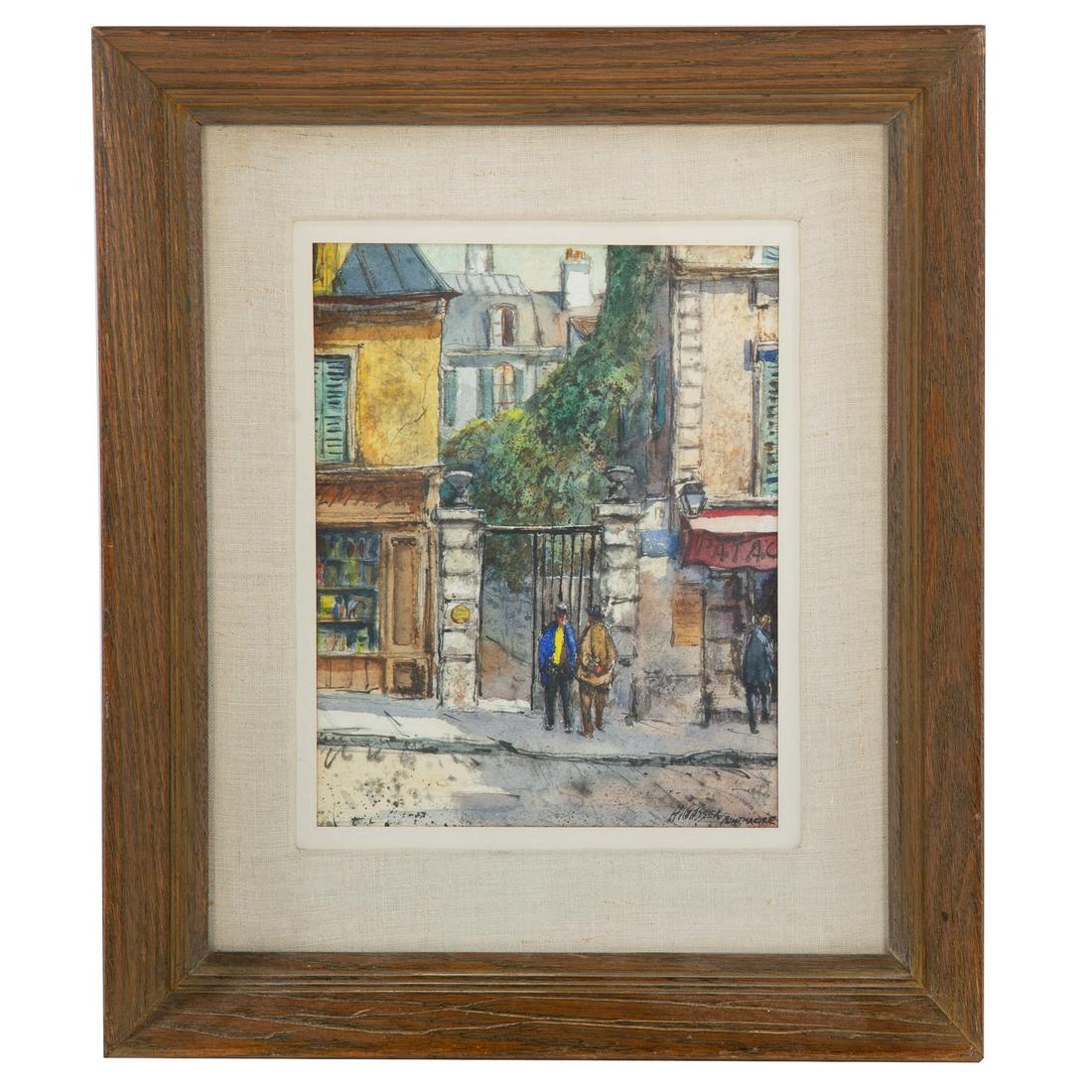 Henry Gasser. "The Iron Gate," watercolor: (American, 1909-1981). Watercolor on paper, signed "H. Gasser, Montmartre" lr, titled on verso, sight size: 9 1/2 x 7 1/2 in., framed.