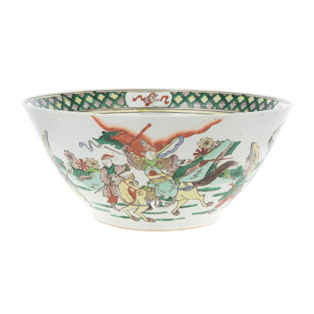 Chinese Export Famille Verte Bowl: Tongzhi Era, 1862-74 steep sided bowl with meandering exterior decoration of warriors, interior with cross hatch border with vignettes and two children in bottom, spurious Jiaqing mark. 6 1/2 in. H.,