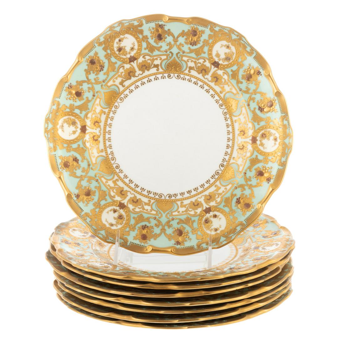 Eight Royal Crown Derby Cabinet Plates: Circa 1899-1900; elaborately decorated plates with extensive raised gilt, 10 in. Diam. Estate of Valerie Sabet, socialite, antique dealer and collector, New York, NY.