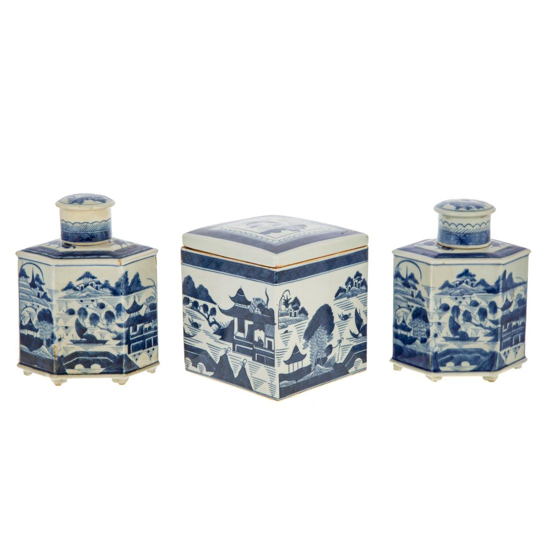 Two Chinese Export Tea Caddies & Box: Xianfeng Era, circa 1860 a pair of hexagonal tea caddies and cube form box. caddies, in the Blue Canton pattern. 7 in. H., box, 5 1/2 in. H., 5 in. Sq. Estate of Valerie Sabet, socialite, antique deal