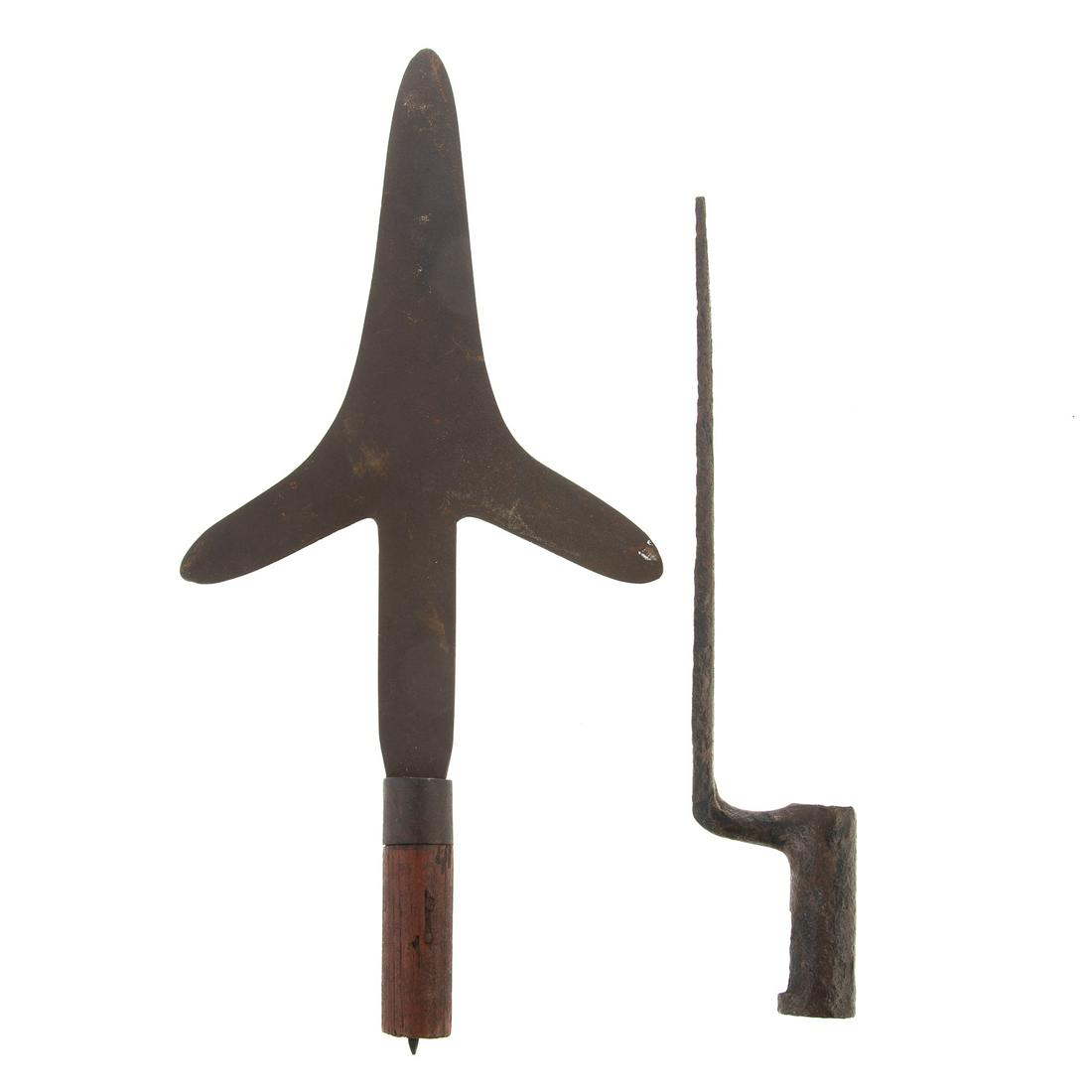 Two Edged Weapons: Including relic iron narrow socket bayonet, 12 1/4" L., and an iron trefoil pike (halberd) head, 15 1/4" L. and 7 1/4" W., possibly used in trade.