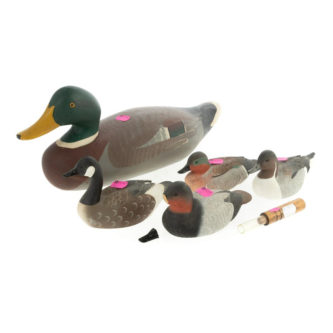 Four Small Decorative Duck & One Duck Decoy: With Faulk's duck decoy.