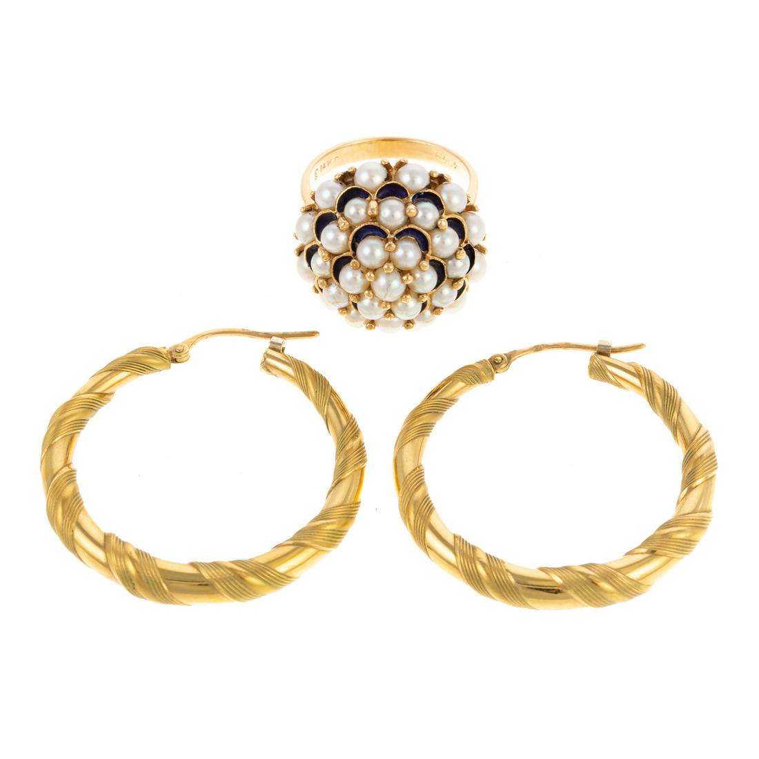 An Enamel Pearl Ring & Hoop Earrings in 18K & 14K (1 of 6)