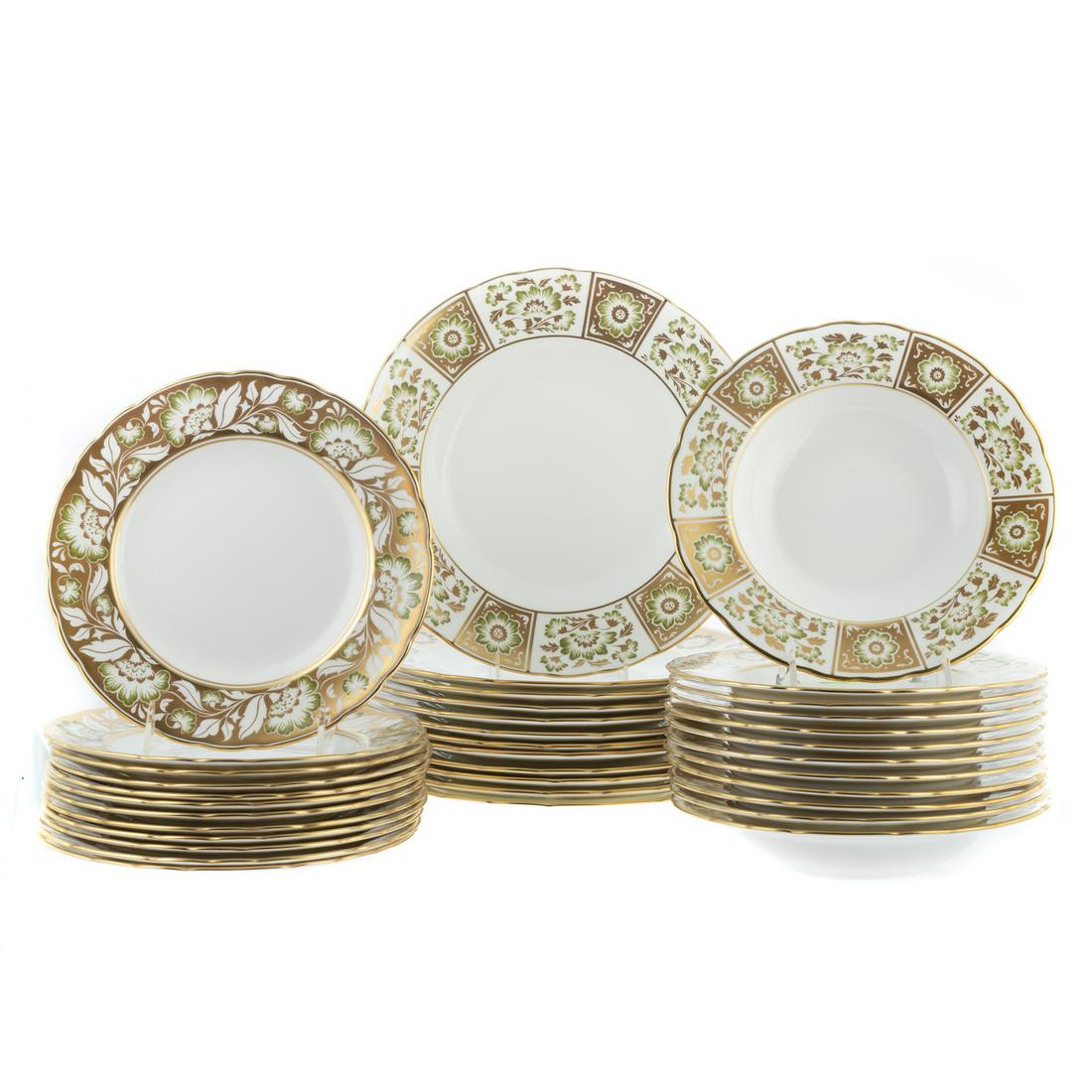 Royal Crown Derby Green Derby Panel China: 36 pieces, includes 12 dinner plates, 12 lunch plates and 12 soup bowls.