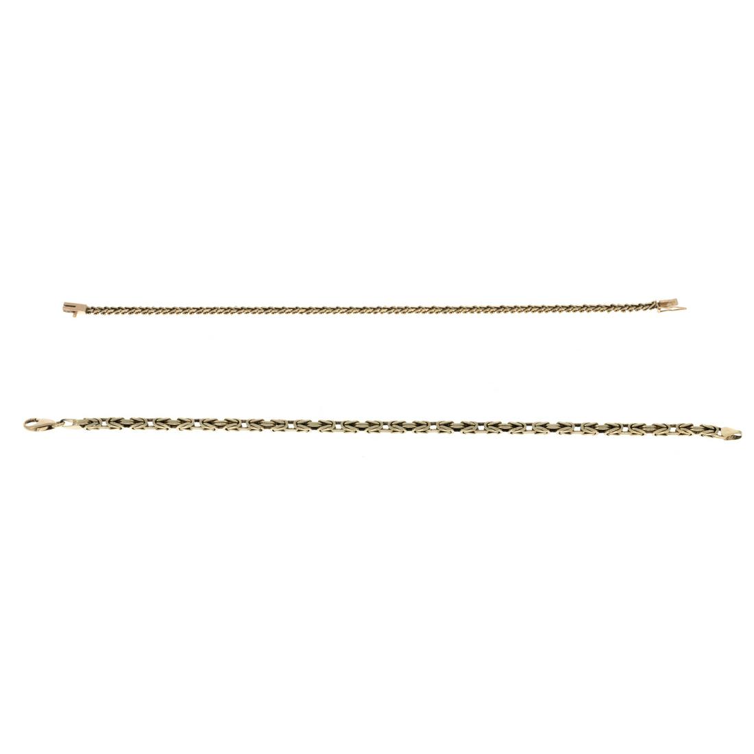 A Pair of Byzantine & V Link Bracelets: 1) 14K yellow gold Byzantine link bracelet, lobster clasp, 8.75 in. L, and 2) 14K yellow gold V link bracelet, hidden box clasp, safety latch, 7.5 in. L, 20.7 grams tw