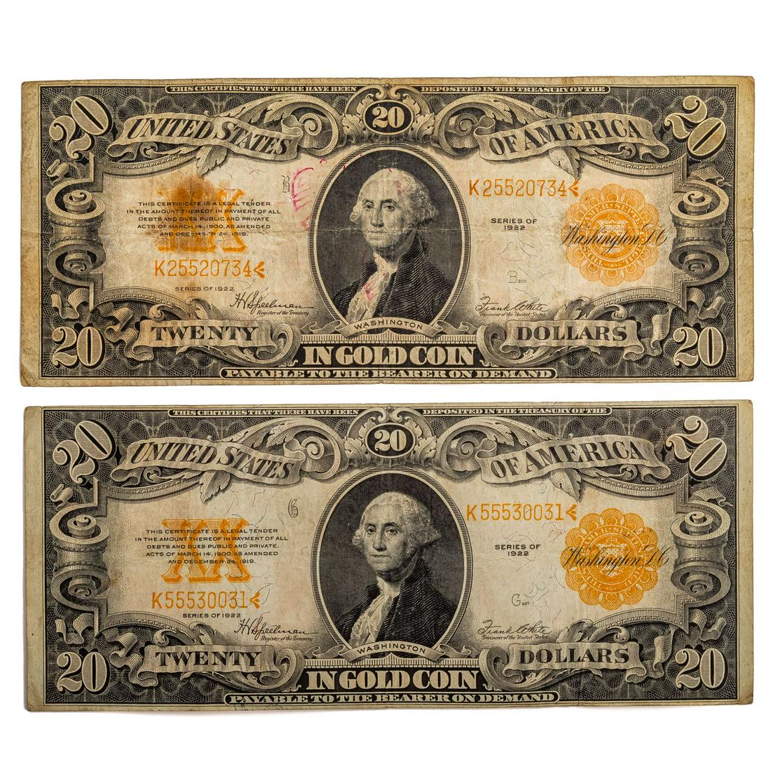 A Pair of 1922 $20 Gold Certificates FR-87 VF & VG (1 of 2)