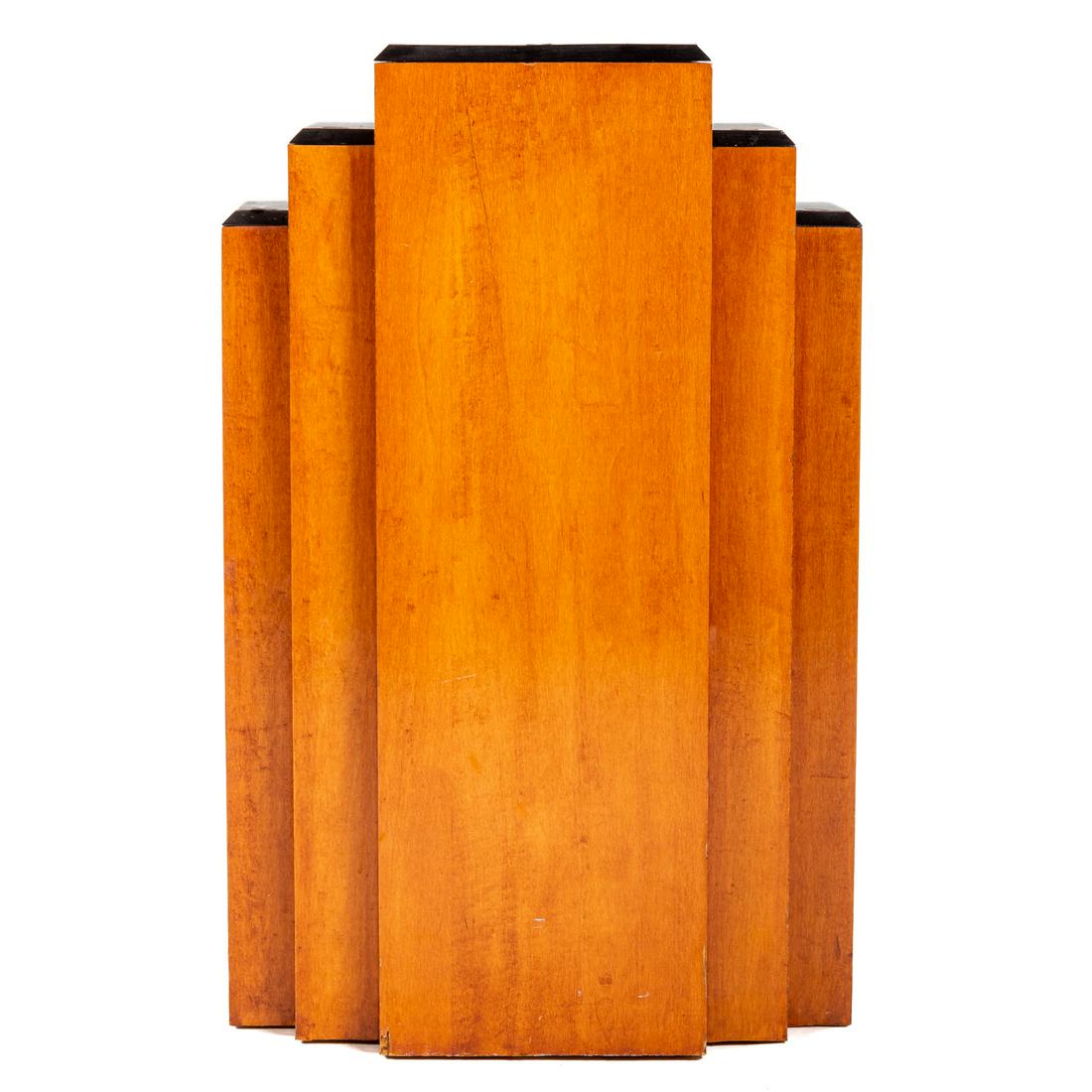 Art Deco Maple & Ebonized Pedestal Stand: Circa 1920-1930; probably a department store display piece, cascade style with ebonized accented edges, 37 in. H., 24 in. W., 12 in. D.