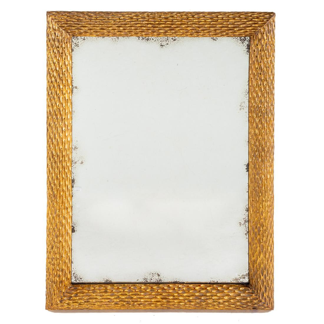 Contemporary Gilt Wood Distressed Mirror: 20th century; heavy gilt and gesso frame, having mirror with antique distressed silvered finish. 44 in. H., 33.5 in. W.