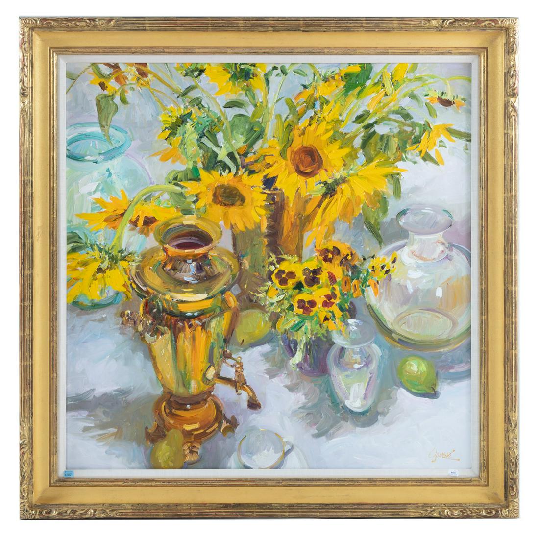Walt Gonske. "Samovar, Sunflowers and Pansies," oil: (American, b. 1942). Oil on canvas, signed lr, 40 x 40 in., framed. Private collection, Baltimore, MD. Acquired Glagget/Rey Gallery, Vail, CO, 2004, COA included.