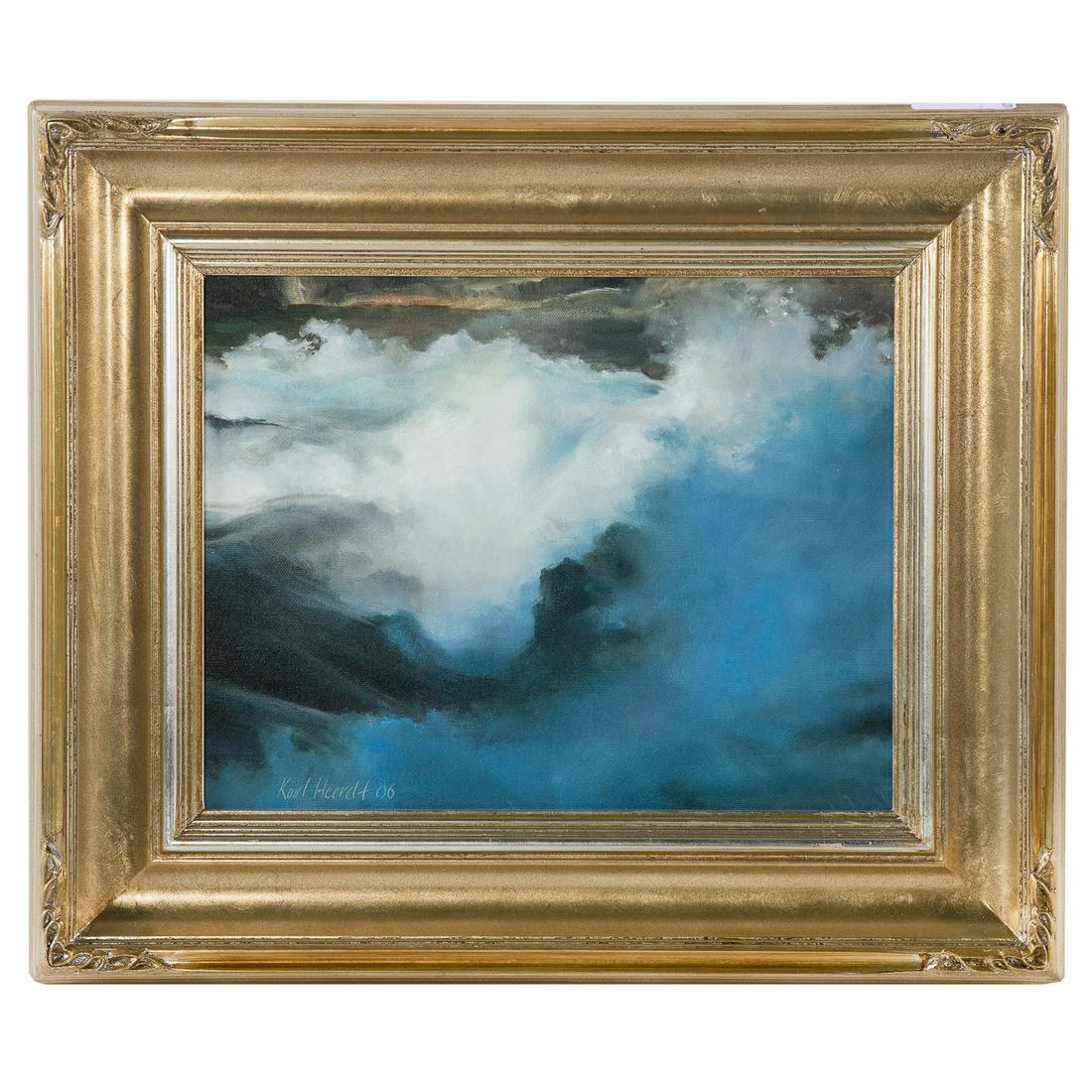 Karl Heerdt. "Headwaters of Niagara Whirlpools," oil: (American, b. 1962). Oil on board, 2006, signed and dated "Karl Heerdt" ll, artist label attached, 11 x 14 in., framed. From the Estate of Eleanor McMillan, great granddaughter of President Theodore R
