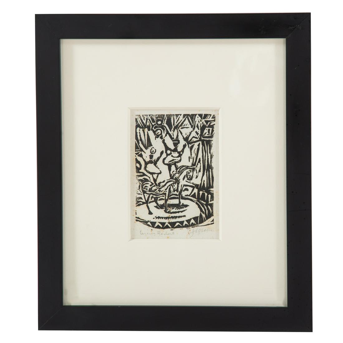 James Lesesne Wells. "Circus Riders," woodblock: (American, 1902-1993). Woodblock print on paper, pencil signed "J.L. Wells" lr, pencil titled ll, image size: 5 1/2 x 3 3/4 in., framed. From the Estate of Louis Allen Ford, Washington, DC.