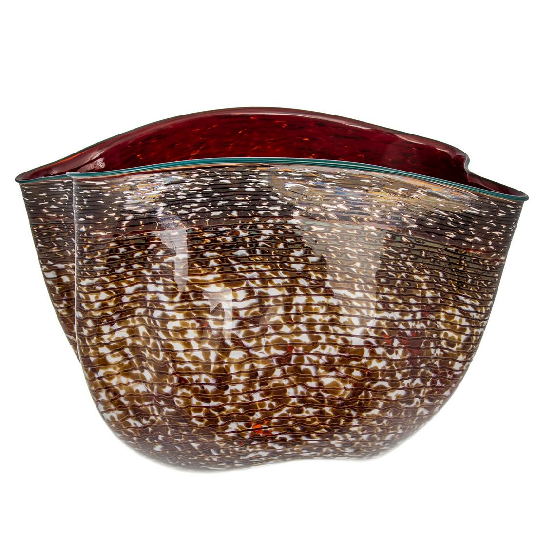 Dale Chihuly. Brown Macchia Bowl, glass: (American, b. 1941). Free form blown glass macchia bowl, 1984, signed and dated "Chihuly" on base, approximately 14 in. H. x 21 in. W. x 9 1/2 in. D. Private collection, Pikesville, MD.