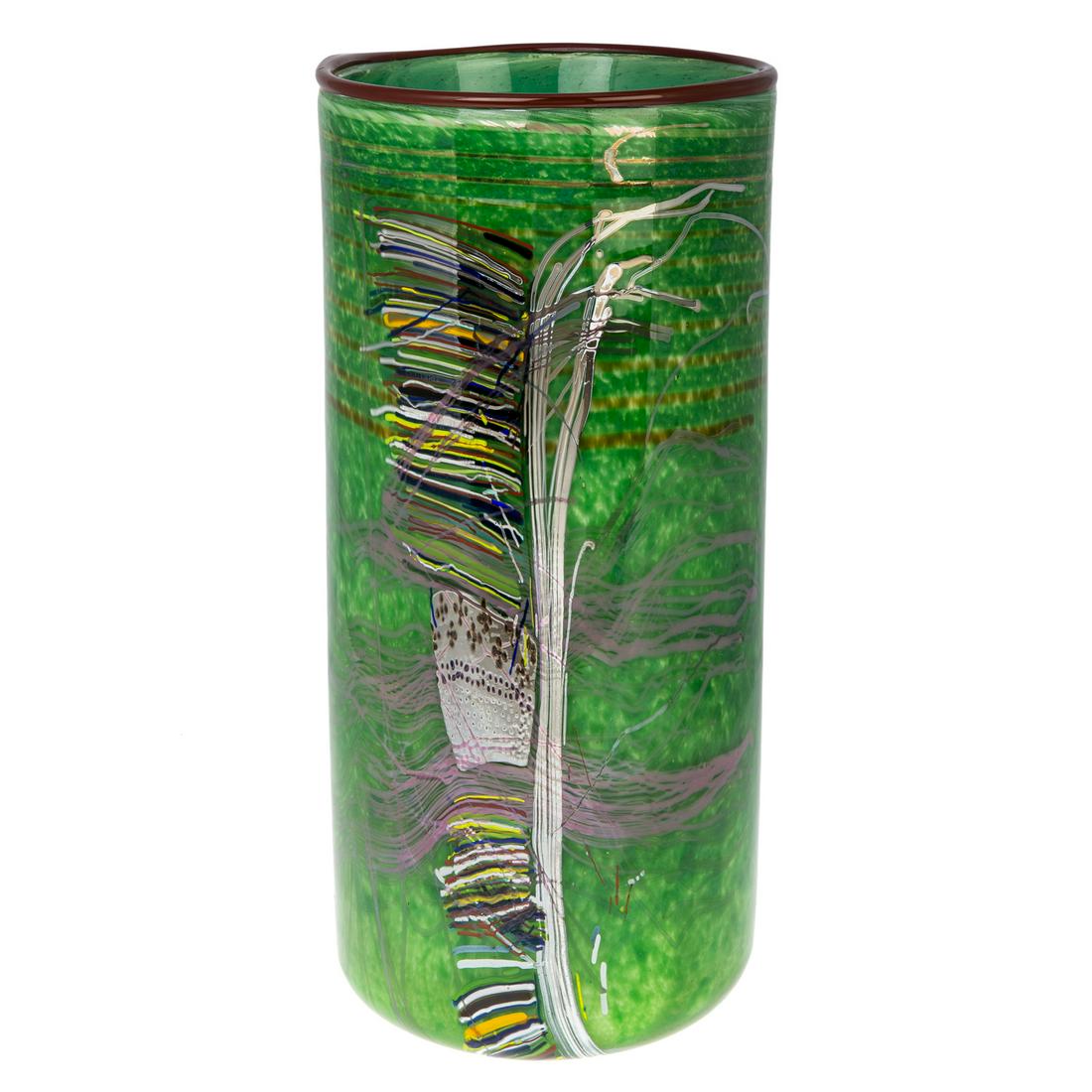 Dale Chihuly. Green Navajo Blanket Cylinder, glass: (American, b. 1941). Green glass blown cylinder from the "Navajo Blanket Series," 1984, signed and dated "Chihuly" on verso, 15 1/2 in. H. x 7 in Diam. Private collection, Pikesville, MD.
