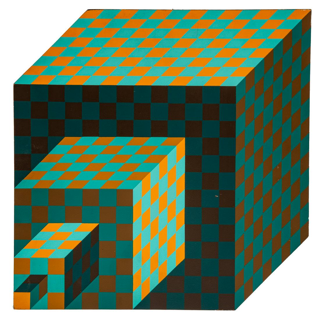 Victor Vasarely. "Felhoe," 3D wooden sculpture: (Hungarian/French, 1906-1997). Hand painted acrylic on wood sculpture, 1989, from an edition of 100, 15 1/4 in. H. x 15 3/4 in. W. x 2 in. D. Private collection, Pikesville, MD.