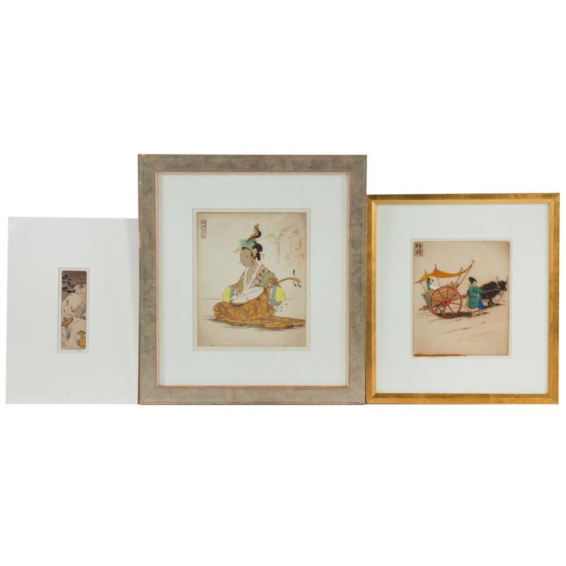 Dorsey Potter Tyson. Three Color Etchings: (American, 1891-1969). 1.) Musician, signed and dated "Tyson, '30" in plate ll, plate size: 10 3/4 x 8 3/4 in., framed. 2.) Peking Cart, signed and dated "Tyson, 8-31" ll, plate size: 9 1/4 x 7 1/2 in
