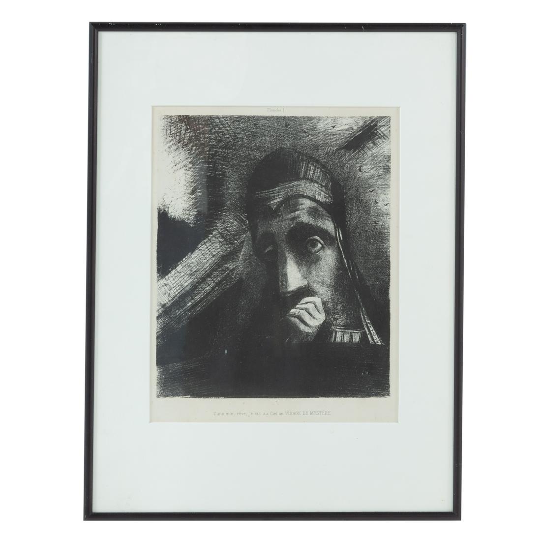 Odilon Redon. "Dans Mon Reve, Je Vis au Ciel un Visage de Mystere," lithograph: (French, 1840-1916). Lithograph, 1885, from the "Hommage a Goya" series, sight size: 12 3/4 x 10 in., framed. Craig Flinner Gallery, Baltimore, MD label on verso,R.E. Lewis and Daughter Gallery invoic