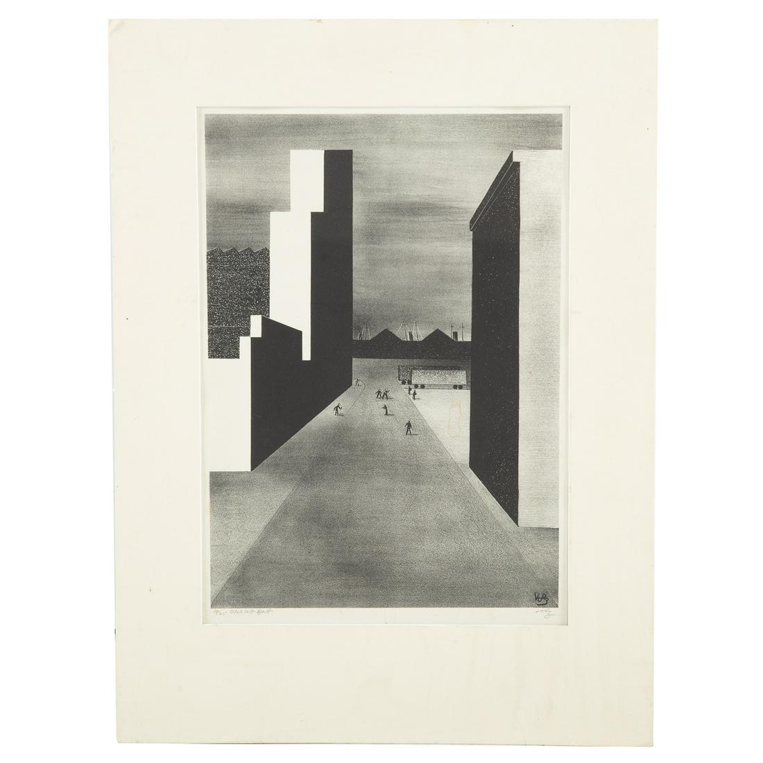 Herman Volz. "One at Bat," lithograph: (Swiss/American, 1904-1990). Lithograph, ed. 10/25, pencil signed "Volz" lr, sheet size:16 x 11 1/2 in., unframed. Paramour Fine Arts, Franklin, MI facsimile invoice attached to back.