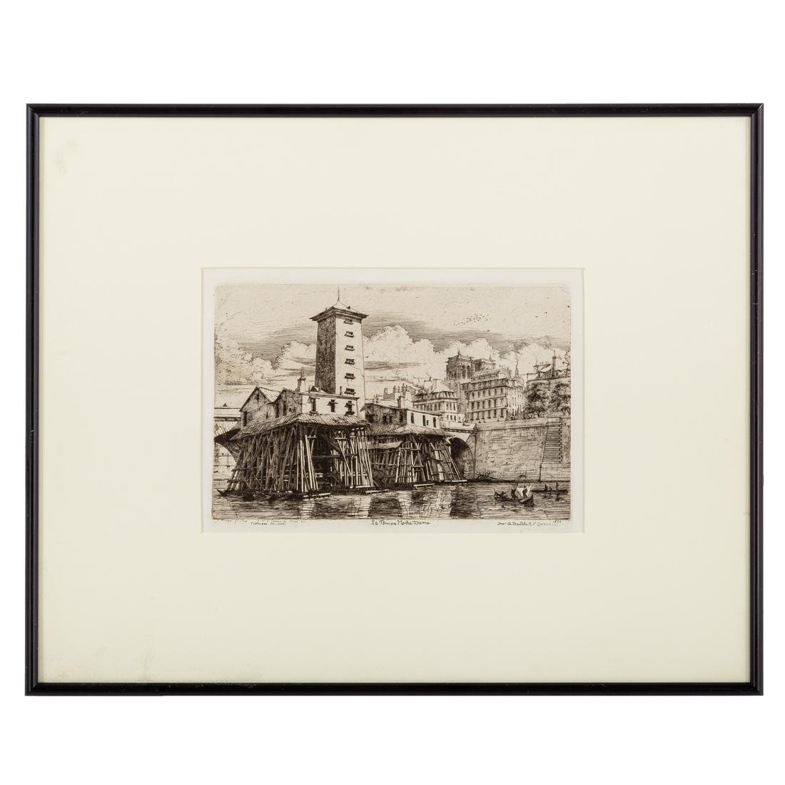 Charles Meryon. "La Pompa Notre Dame," etching: (French, 1821-1868). Etching, 1852, plate size: 6 3/4 x 9 3/4 in., framed.