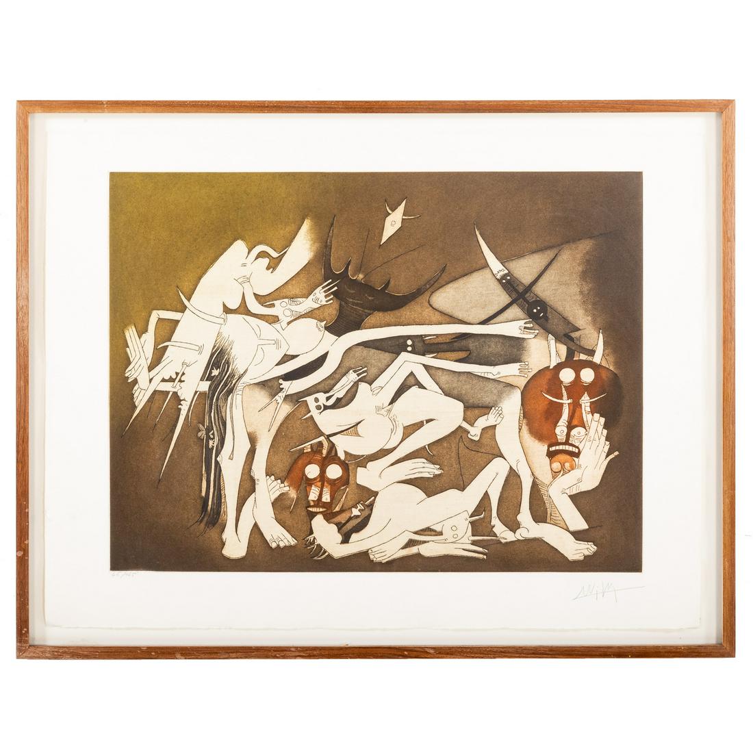 Wilfredo Lam. "Nouvelle Bonte," etching/aquatint: (Cuban, 1902-1982). Etching/Aquatint, 1969, from the "Annunciation" suite, pencil signed lr, sheet size: 23 3/4 x 31 3/4 in., framed. The Beveled Edge, Baltimore, MD original reciept attached to back.
