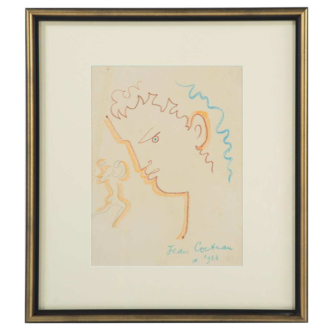Jean Cocteau. Profile of a Man, lithograph: (French, 1889-1963). Lithograph in colors, 1958, signed and dated "Jean Cocteau" in plate lr, sight size: 13 3/4 x 10 1/1 in., framed. Private collection, Baltimore, MD.