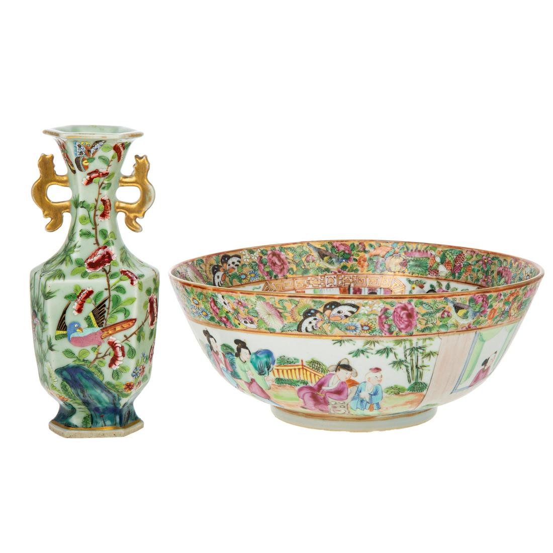 Chinese Export Rose Mandarin Bowl & a Vase: Daoguang Era, circa 1840-50 small bowl with vignettes housed in gilt Greek Key border, probably for Persian market. 4 in. H., 9 1/4 in. Diam. small paneled green celadon vase, with Famille Rose floral