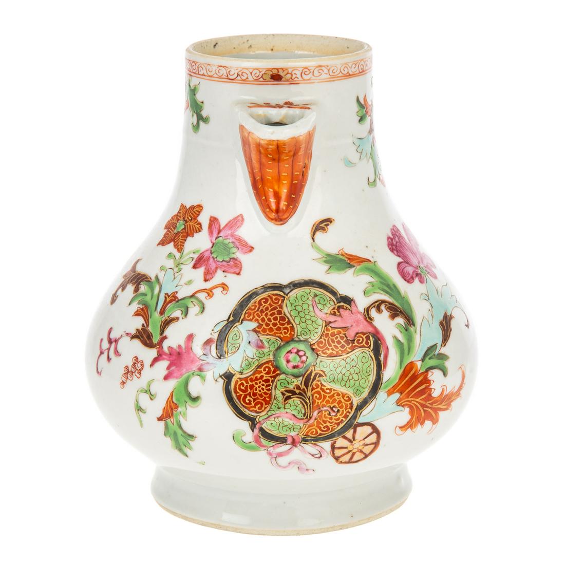Chinese Export Pseudo Tobacco Leaf Chocolate Pot: Qianlong Era, circa 1770 small globular chocolate pot with bright overglazed Famille Rose enamels. 6 3/4 in. H.