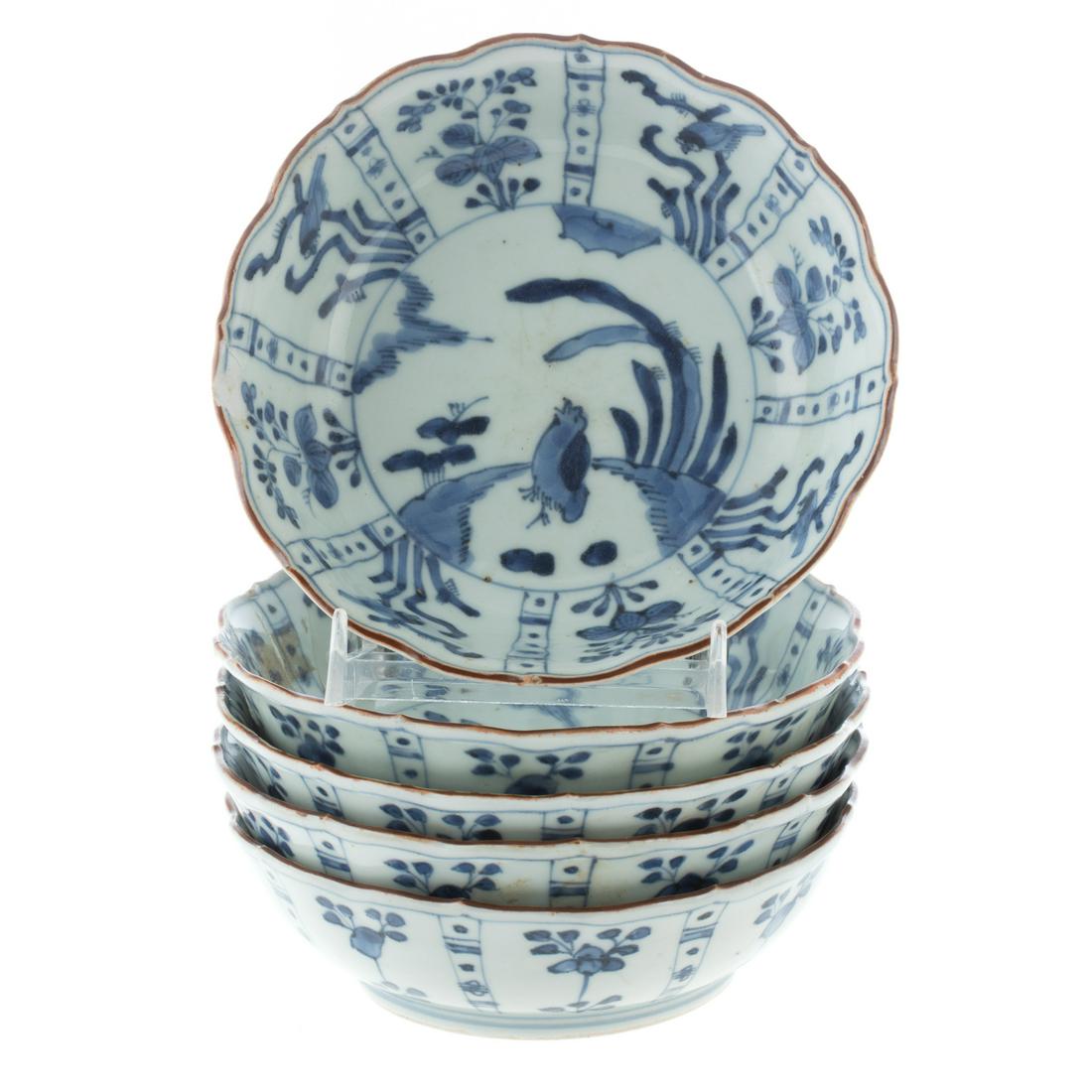 Five Chinese Kraak Bowls: Ming Dynasty, Chongzhen Era, circa 1630-40 bowl having bird in garden center, with alternating medallions of bird in tree and foliate spray. 6 in. Diam. Once owned by the parents of United States Sena