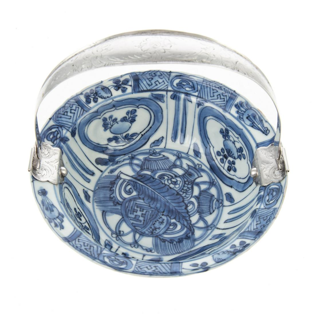 Chinese Export Kraak Porcelain/Silver Basket: Ming Dynasty, Chongzhen, circa 1630-40 small deep well bowl,with feather and sacred objects in center, bowl sides with floral medallions and rim with cross hatching and floral decoration, mounted with