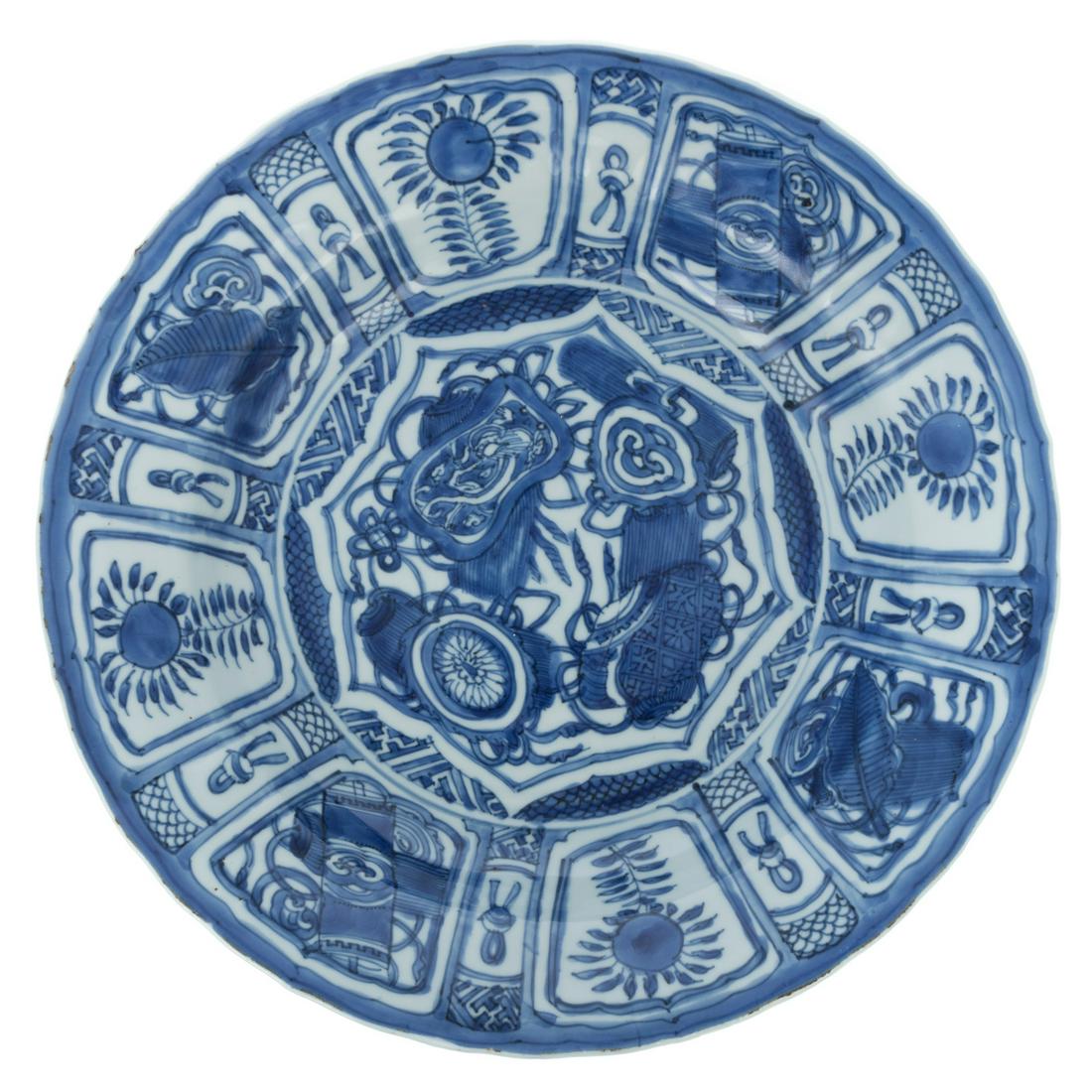 Chinese Export Kraak Bowl: Ming Dynasty, Wanli Era, circa 1580-1600 center with sacred objects and border with alternating floral medallions and sacred objects on interior and exterior. 11 3/4 in. Diam.
