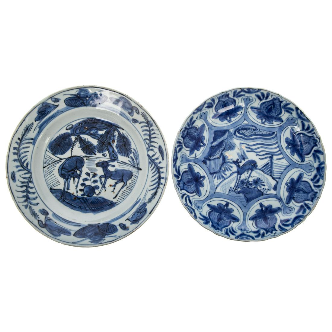 Two Chinese Export Deer Decorated Kraak Bowls: Ming Dynasty, Wanli Era, Circa 1580-1610 two deer in forest with leaf and floral border. 8 1/4 in. Diam. deer in forest with pomegranate vignettes. 8 in. Diam.