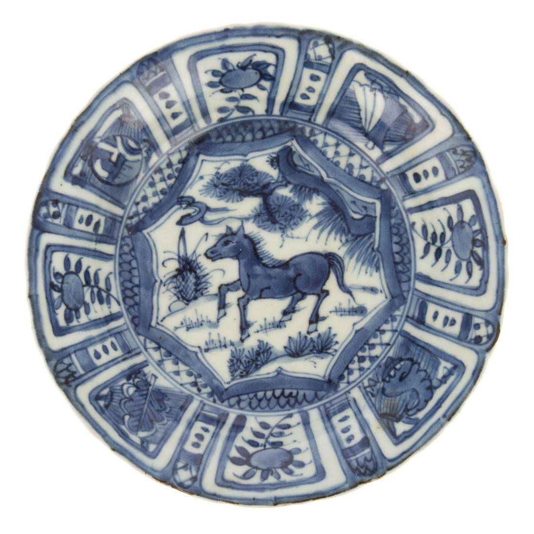 Chinese Export Kraak Bowl: Ming Dynasty, Chongzhen Era, circa 1630-40 border with alternating vignettes of flowers and sacred objects, with Horse of Mu Wang in center. 6 1/2 in. Diam.