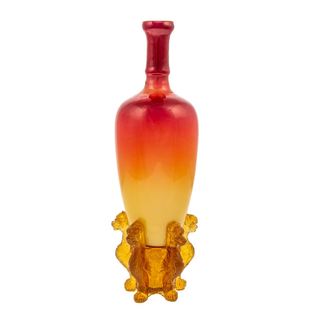 Wheeling Peachblow Glass Morgan Vase: Late19th/early 20th century; gloss finish, 8 in. H., with resin seahorse display stand, 3 1/4 in. H.