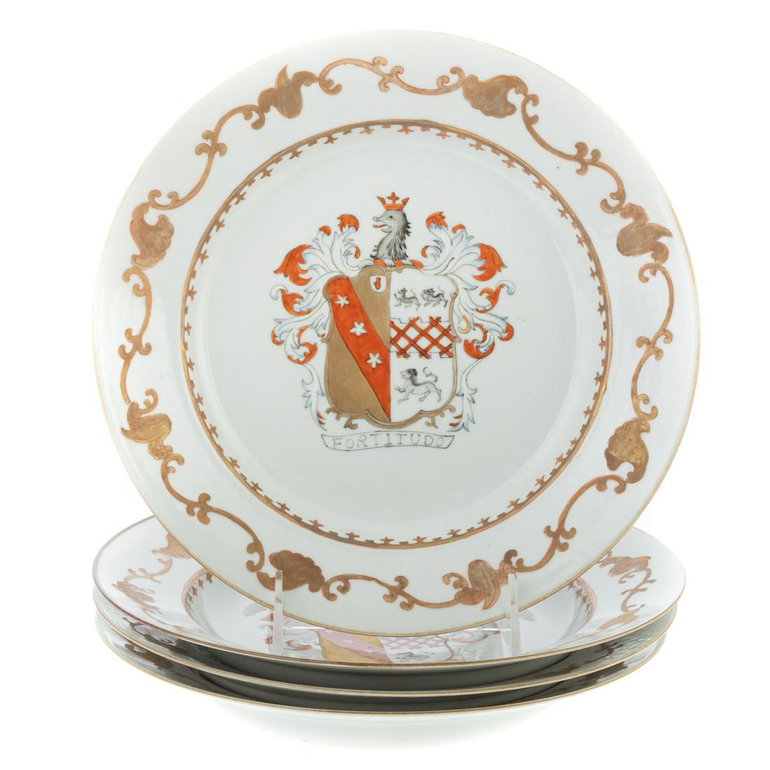 Four Samson Chinese Export Style Armorial Plates: Late 19th century; bearing the arms of ARCHER impaling MEARES, 10in. Diam. For further example, see "Chinese Armorial Porcelain," by D.S. Howard, p.555. Estate of Valerie Sabet, socialite, antique dea