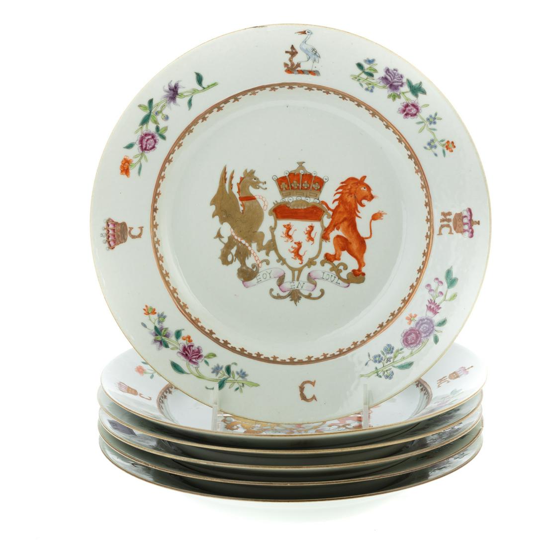 Six Samson Chinese Export Style Armorial Plates: 19th century;bearing the arms of YELVERTON, EARL OF SUSSEX, 10 in. Diam. For further example, see "Chinese Armorial Porcelain," by D.S. Howard, p.534. Estate of Valerie Sabet, socialite, antique deale