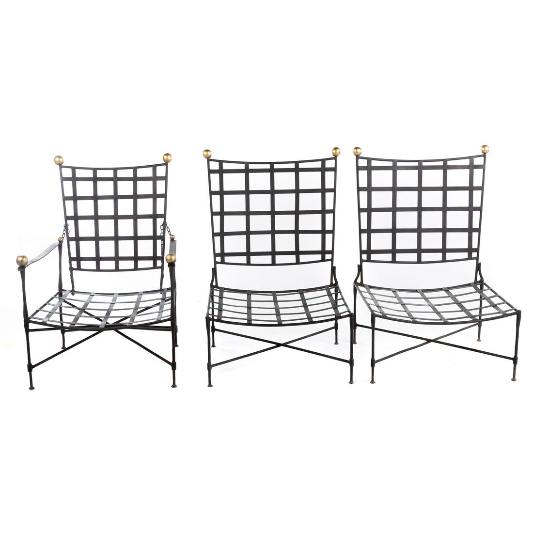 Three Mario Papperzini for Salterini Woven Iron Chairs: Three wrought iron woven chairs designed by Mario Papperzini for John Salterini, classic contemporary design, set comprises a matching pair of armless chairs, along with a single lounge armchair with