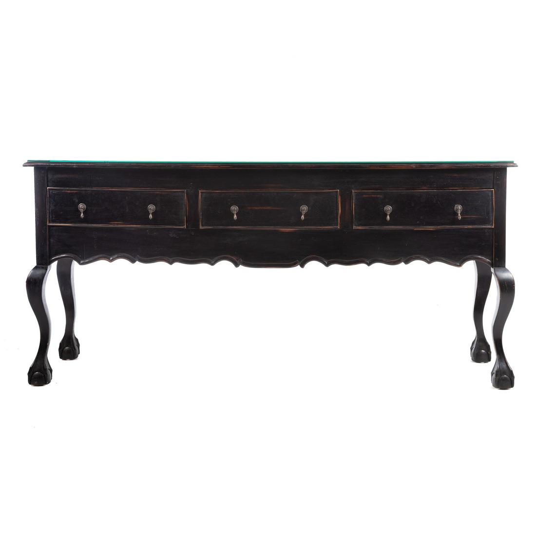 Chippendale Style Ebonized Mirrored Top Sideboard: 20th century; with removable mirrored top, having three drawers over shaped skirt, on cabriole legs with ball and claw feet, 34.5 in. H., 74 in. L., 19 in. D.