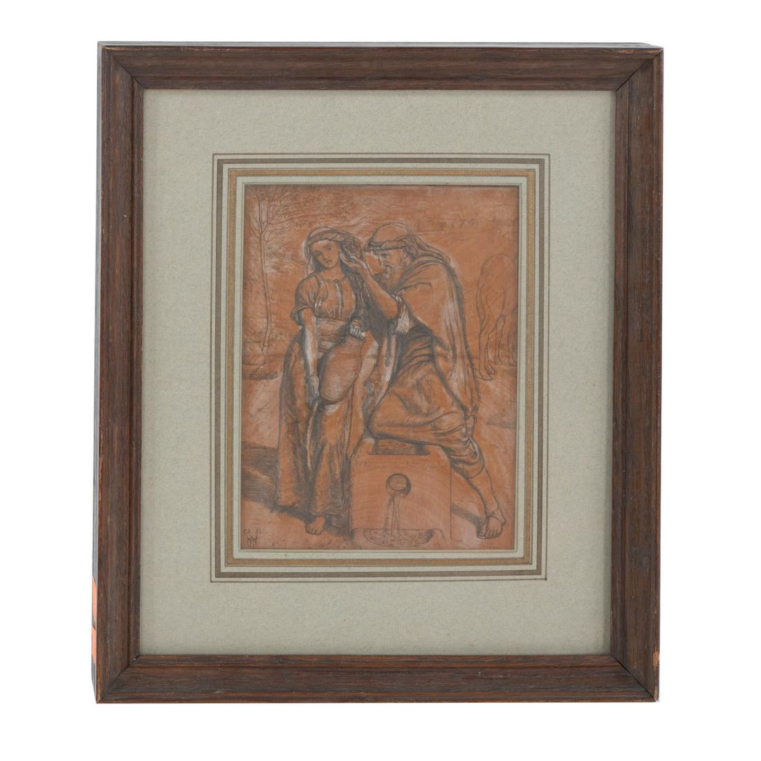 After W. H. Hunt. Original wood engraving block: After William Holman Hunt (British, 1827-1910). "Eliezer and Rebekah at the Well," original wood engraving block produced by the Dalziel Brothers (British, active 1839–93) for the "Dalziels' Bible G