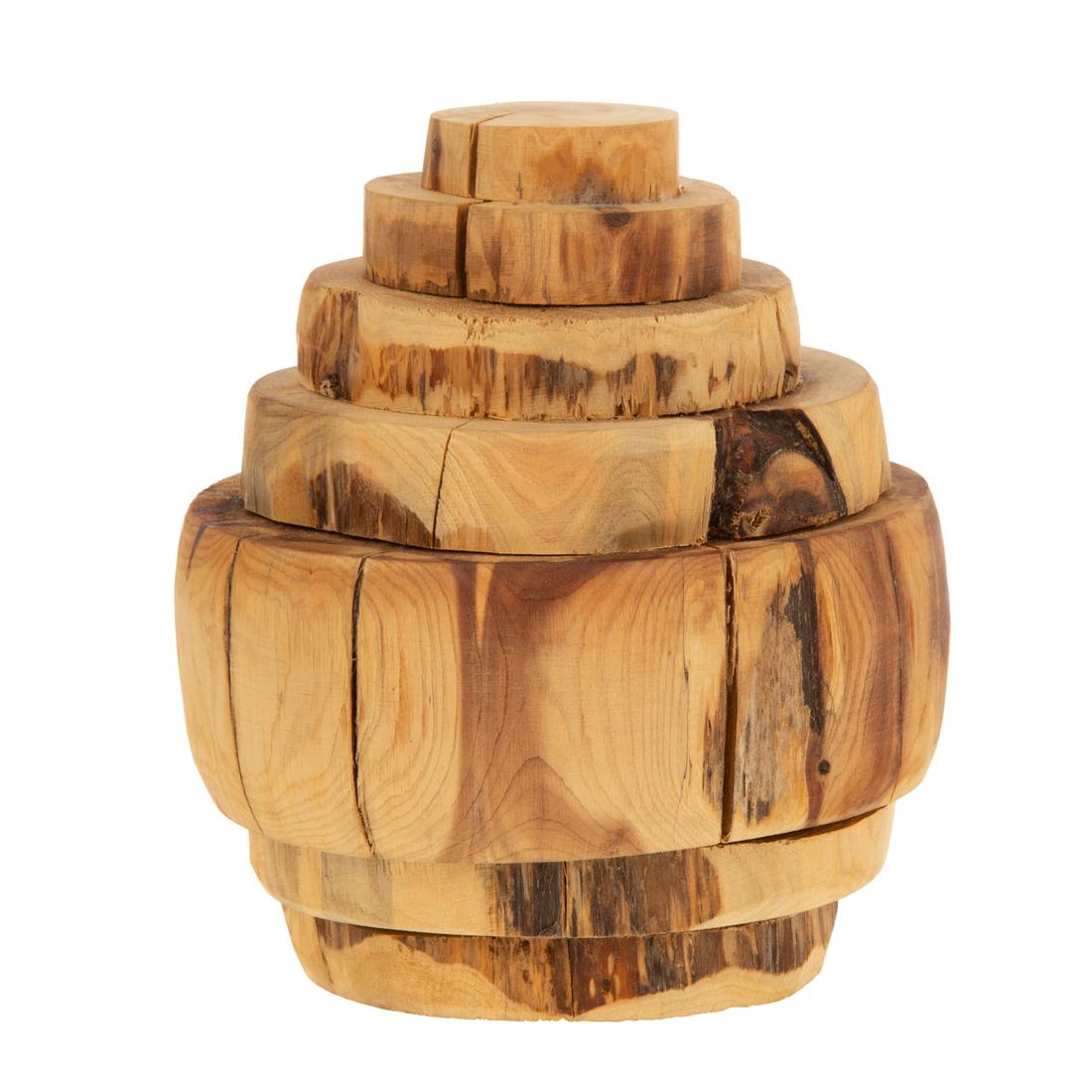 Brent Crothers. "Consuming Won't Work," cedar: (American, 1955-2020). Carved cedar sculpture, 2013, signed, titled and dated underneath, together with box with artist's notations, 8 in. H. x 6 in. W. x 6 in. D. Private collection, Gina Pierleoni, 