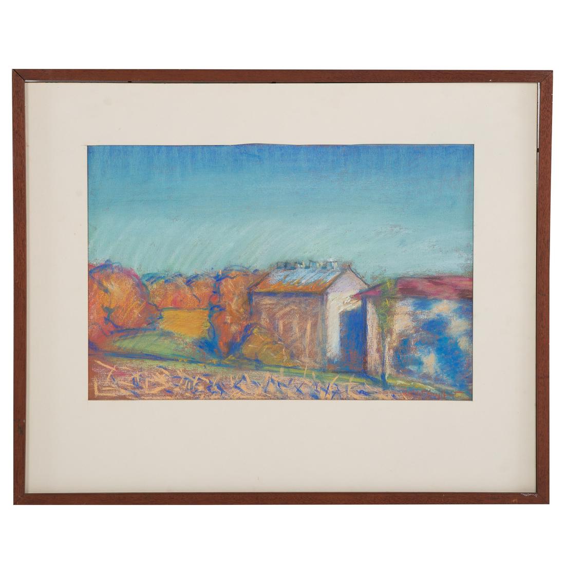Robert Seyffert. "Barns on the Eastern Shore," oil pastel: (American, b. 1952). Oil pastel on paper, signed "Robert Seyffert" lr, further information on verso, sight size: 11 1/8 x 16 3/4 in., framed without glass. Private collection Nancy Thompson Brown and