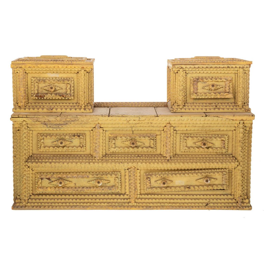 Tramp Art Painted Seven Drawer Dresser Cabinet: Yellow painted, notch carved, 15 1/4 in. H. x 25 in. W. x 8 1/2 in. D.
