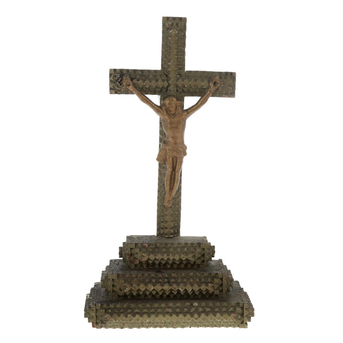 Tramp Art Freestanding Crucifix: Notch carved, 14 in H. x 8 in. W. x 4 1/2 in. D.