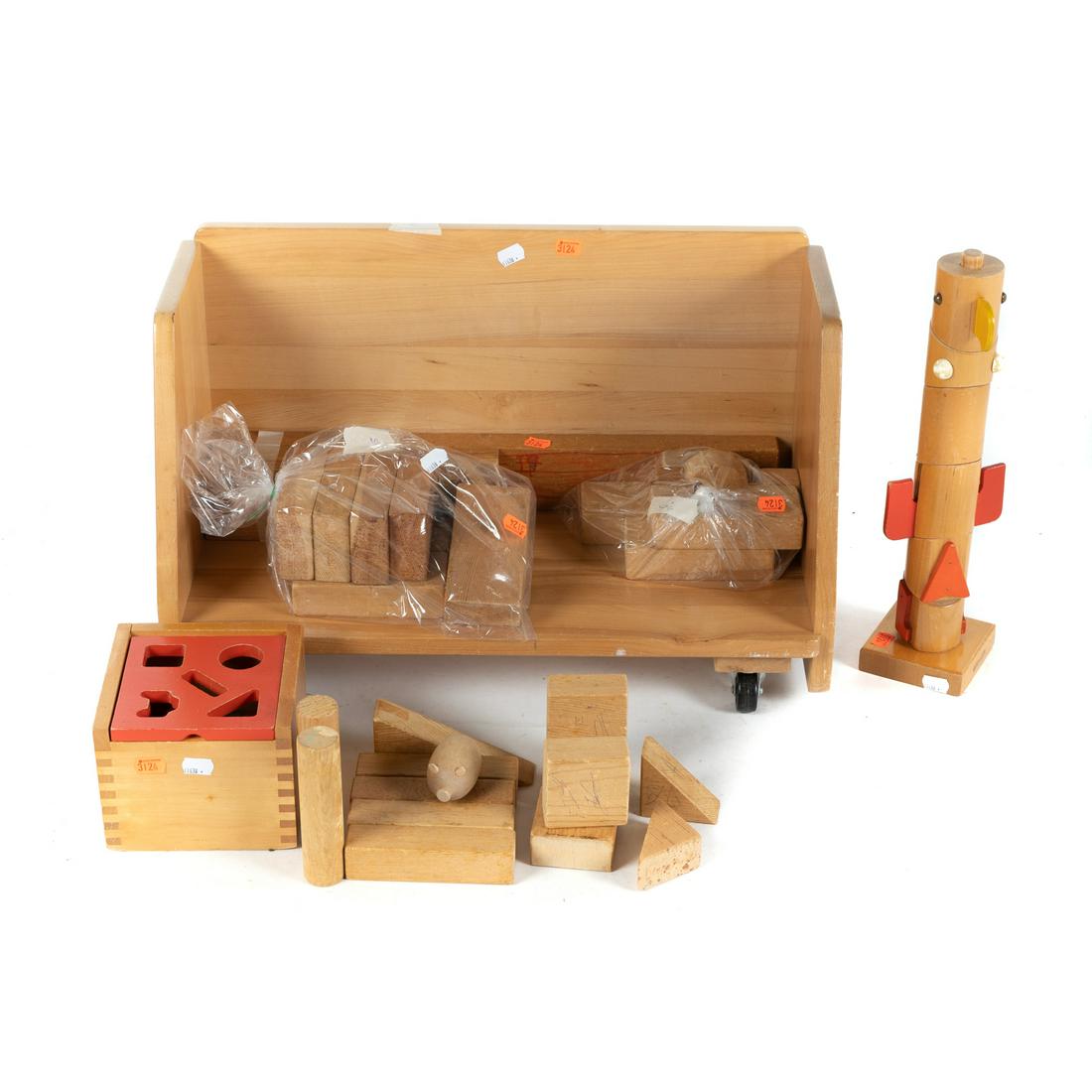 Two Creative Playthings Puzzles & Playskool Blocks: Vintage Creative Playthings wood totem pole puzzle & shapes box, and large assortment of Playskool wood blocks, together with a small wheeled wood cart.