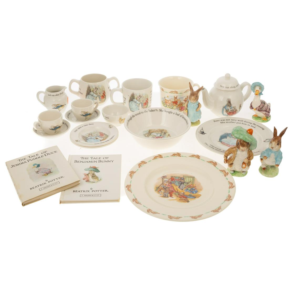 Assorted Beatrix Potter China & Figures: Includes Wedgwood 10-piece child's tea set, Wedgwood three-piece breakfast set, four Beswick Beatrix Potter figures, Royal Doulton Bunnykins mug and plate, and two Beatrix potter story books.