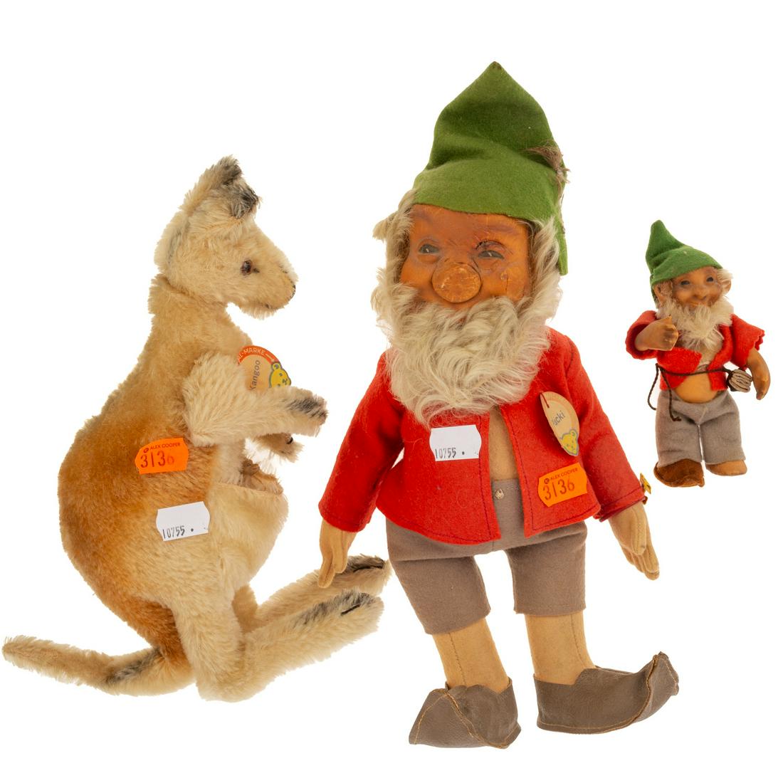 Two Steiff Gnomes & a Kangaroo: Two rubber and cloth gnomes, one with original tag; and a kangaroo.
