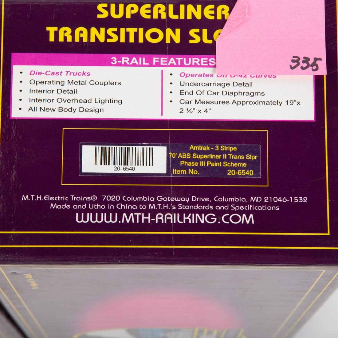 Two M.T.H. Superliner Transition Sleepers: Including Amtrak - three stripe.