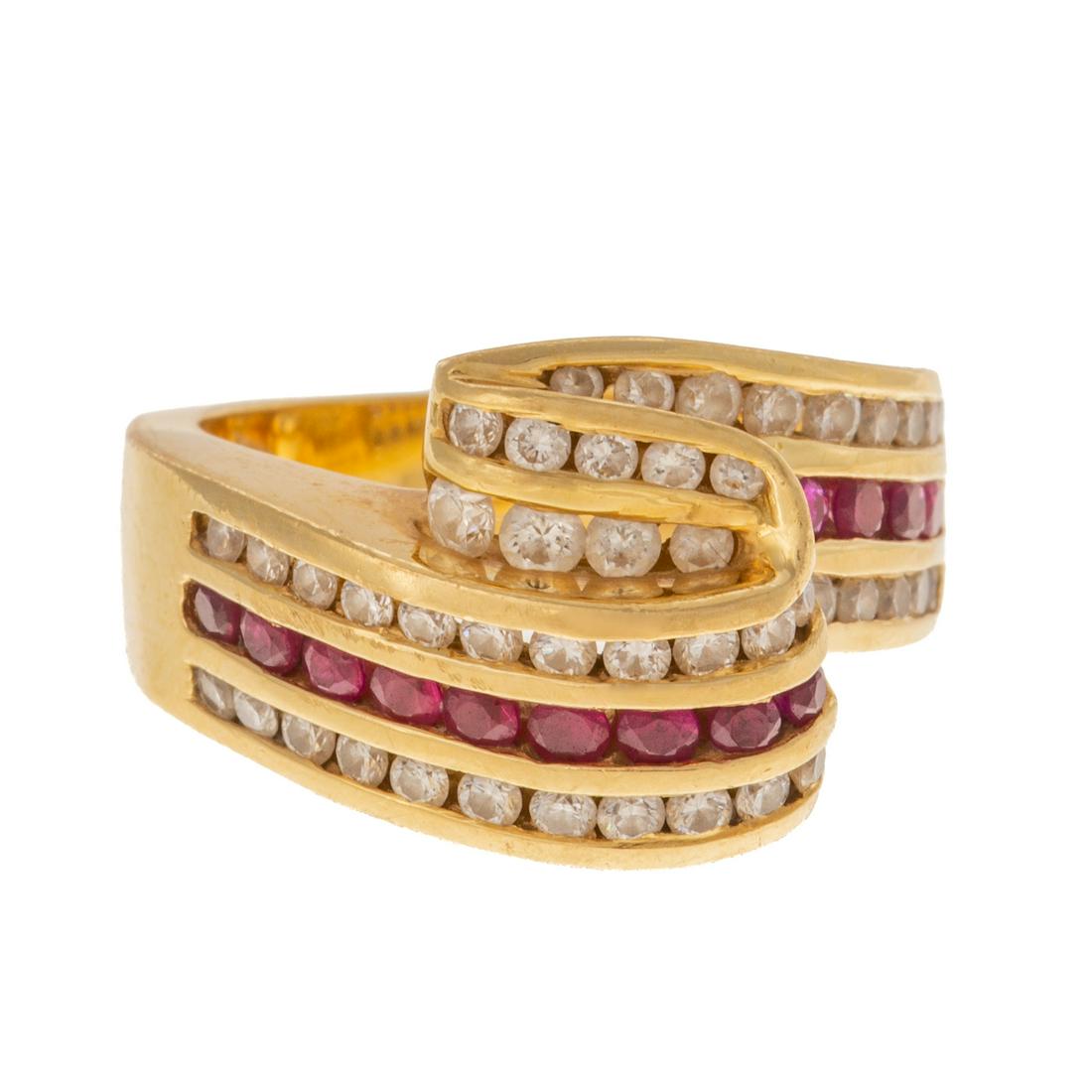 A Krypell Ruby & Diamond Triple Fold Ring in 18K: 18K yellow gold triple fold ring by Charles Krypell, with channel set brilliant cut diamonds weighing approx. .25 ctw, and rubies, with sizing beads, stamped inside shank "Krypell", sz 4, 11.5 grams